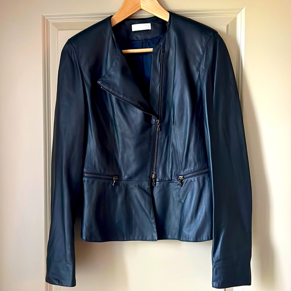 Navy leather zip blazer bomber (list $ OBO)